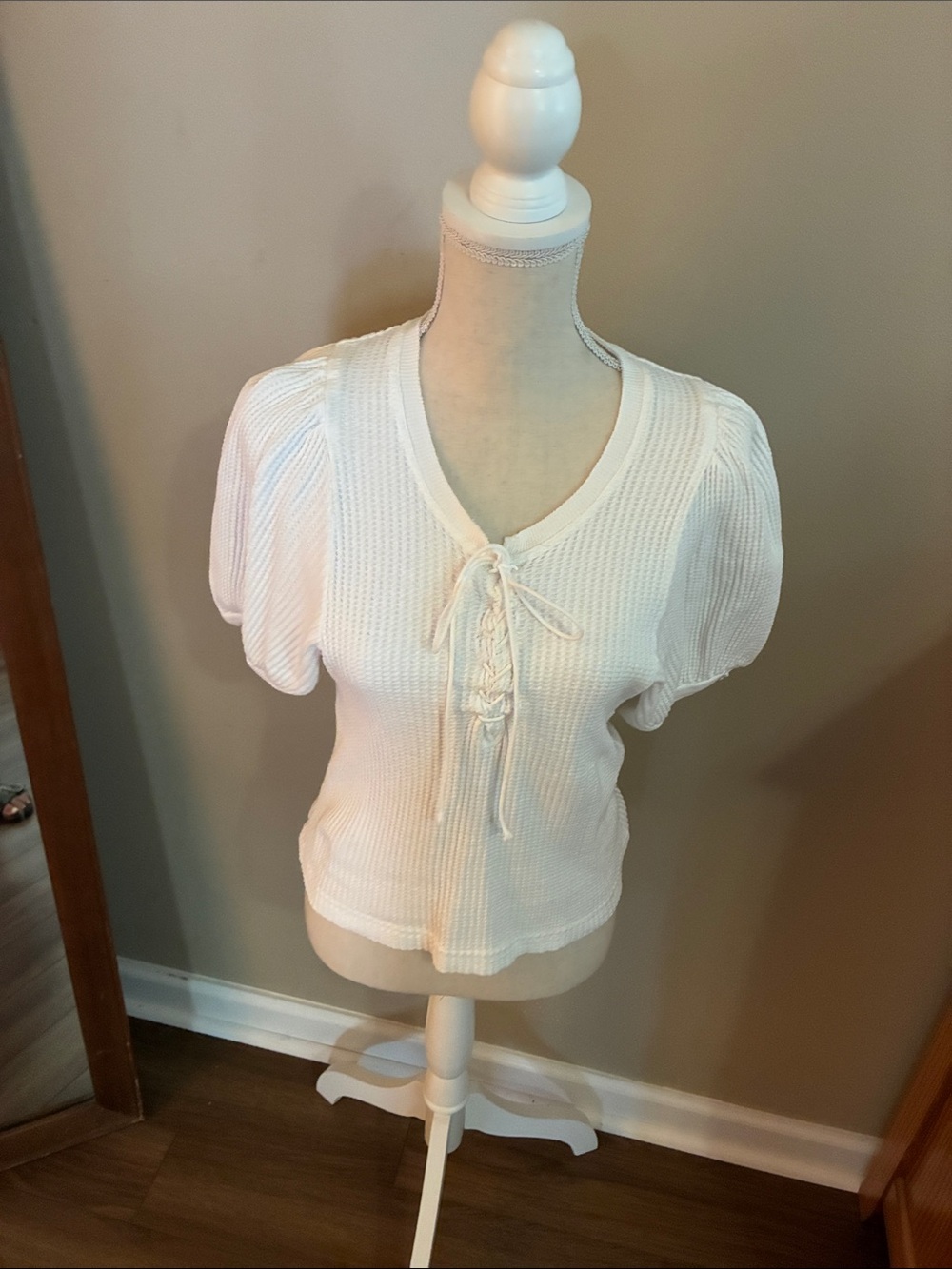 Cream Lace-Up Puff Sleeve Knit Top free people